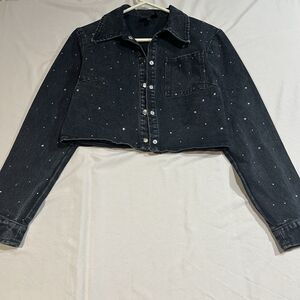 PRIVY Black Rhinestone Embellished Cropped Denim Jacket Size S Sparkly Studded
